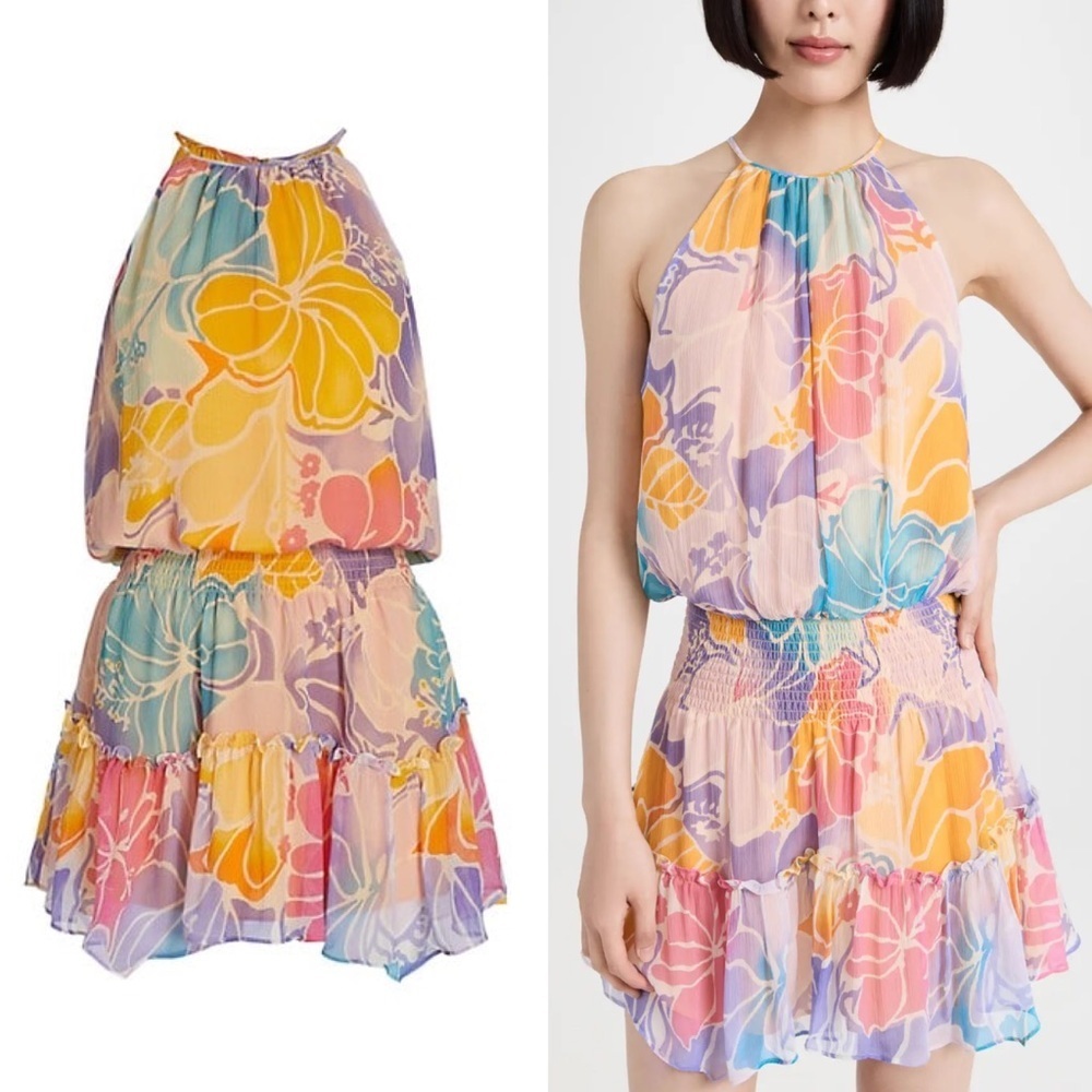 $445 Ramy Brook Kourtney Smocked Floral Minidress Pale Lavender Hawaiian Floral